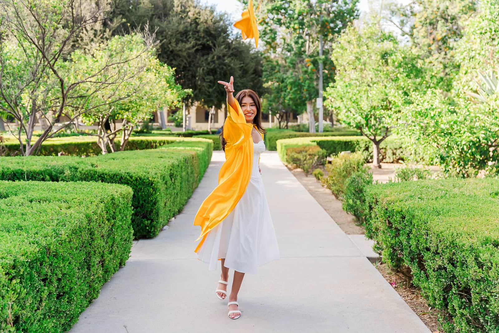 A graduate in a gold gown throwing her cap on a hedge lined path